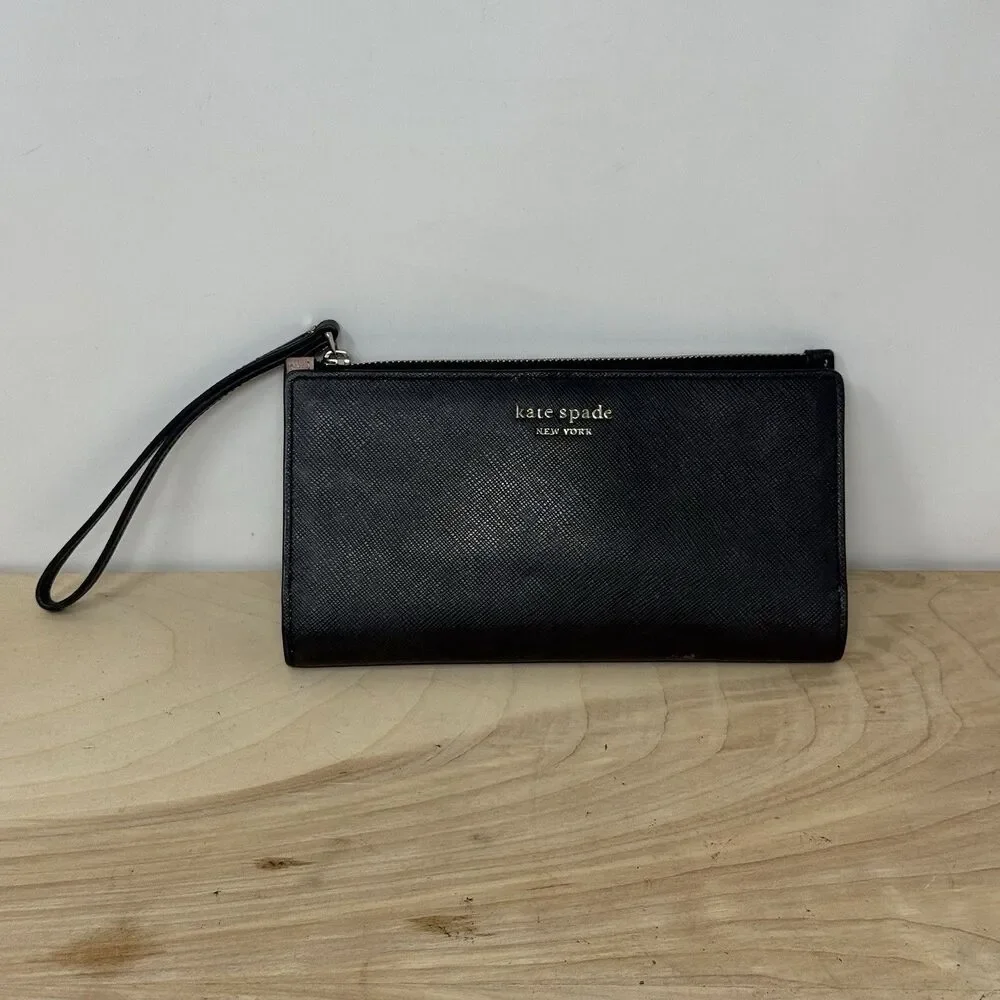 Kate Spade New York Black Wallet w/ Snap & Zip Pocket, Folding, Logo, Cards 4x8”